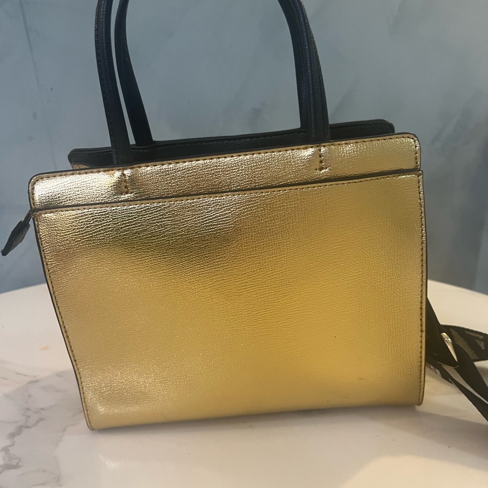 Karl Lagerfeld gold metallic handbag with black handlles & shoulder strap - Picture 11 of 11